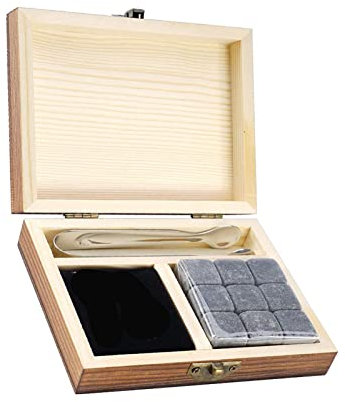 9 Wiederverwendbare Granit-Kühlsteine ​​mit Geschenkbox aus Holz, für Eisgetränke oder Wein