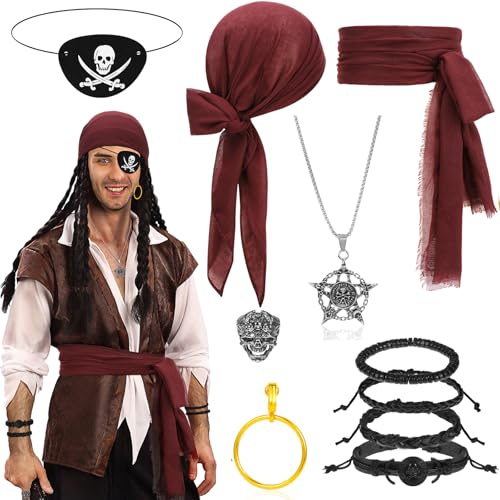 10 Stycken Pirat Kostym för Herr och Dam - Kapten Tillbehör Set Med Bandana, Bälte, Bandage, Ring, Halsband för Halloween, Karneval, Fest och Cosplay