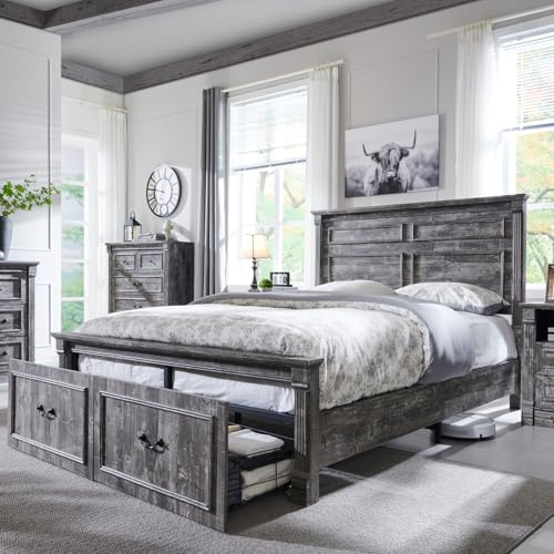 Aitjunz Farmhouse Queen Size Bed Frame with 51 Tall Headboard, Wood Platform Bed Frame with 20 Tall Roman Column Decoration Footboard & 2 Large Storage Drawers, No Box Spring Needed (Light Grey)