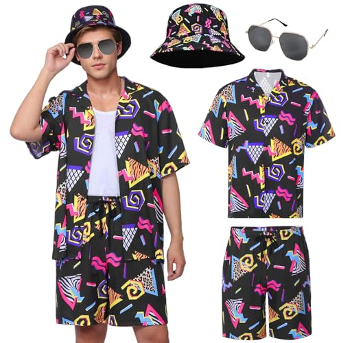 HarnyLoom Men's Hawaiian Shirt and Shorts Hats Sunglasses Set Summer Tropical Casual Beach Aloha Short Sleeve Shirts Suits Party Outfits Holiday Funny Fancy Dress (Color 8, L)