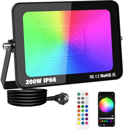PICAA 1 Pieza 200W Foco Led RGB Exterior, 20000LM APP Control Remoto Proyector Led, Cambio de Color RGBW Estroboscópico, Luz de Pared para Jardín, Fiestas, Terraza