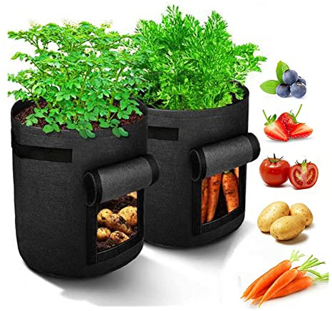 Bluwhale 10 Gallon Potato Grow Bags, 2 Pack Plant Growing Bags Breathable Garden Growing Bag Planting Tomatoes, Vegetables, Strawberry with Window Flap and Handles - Black