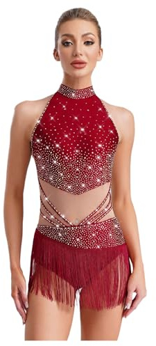 RUNQHUI Femme Justaucorps Danse Patinage Artistique Gymnastique à Frangé Strass Costume Spectacle Compétition D Bourgogne S