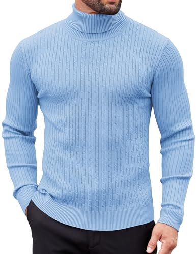 COOFANDY Pull à col roulé pour Homme en Maille Fine à col roulé Slim fit Pull d'hiver Bleu Ciel XL