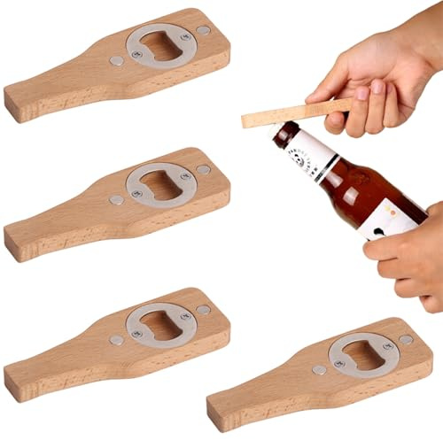 4 Stück FlaschenöFfner, Flaschenöffner aus Holz, Tragbare Bierflaschenöffner, Bambus, Edelstahl, Personalisiert mit Magnetisch Geschenke für Ihn Ehemann Freund Vater Opa