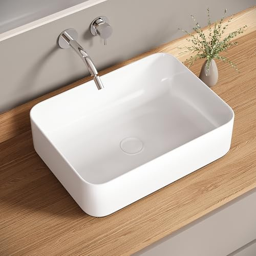 Bazyths Lavabo sobre Encimera Blanco de Cerámica Lavabo Moderno para Baños de Invitados Restaurante Aseo (40.5x30.5x14 cm)