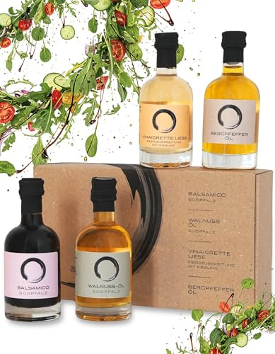 Lang Weinessig Genießer Set 4x50ml | Balsamico Südpfalz, Vinaigrette Riesling, Walnussöl & Bergpfefferöl | Geschenkset für Feinschmecker, Salate & Küche, Premium Essig & Öl Set aus der Südpfalz
