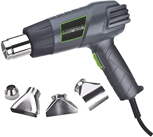 Genesis GHG1500A Dual Temperature Heat Gun Kit With Fast Heat High And Low Settings 572F/1000F, Air Reduction Nozzle, Reflector Nozzle, And Two Deflector Nozzles with 2 Year Warranty