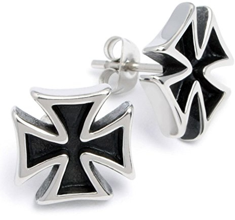 Herren Ohrstecker mit Eisernem Kreuz aus 316L Edelstahl Ohrringe Ritterkreuz silber schwarz Bikerschmuck Männer Geschenk