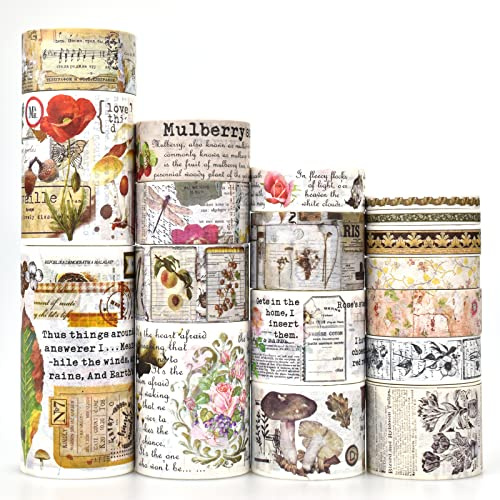 ZDOLAKIDS 18 Rolls Vintage Scrapbooking Washi Tape Set Forest Muahroom Plant Flower Fruit Retro Article Sticker for Art DIY Scrapbook Journaling Thank You Notes Greeting Card Envelope