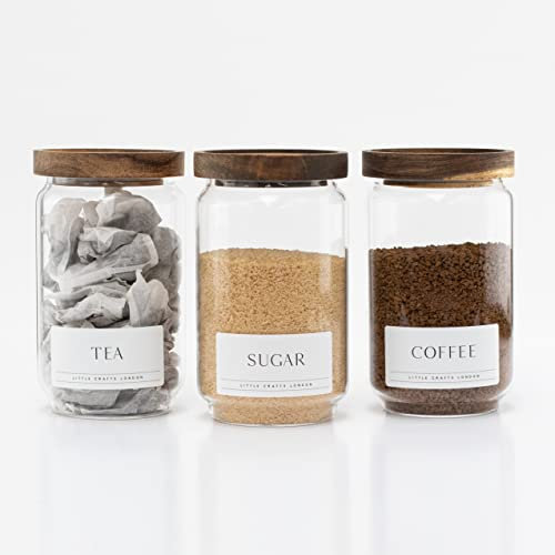 Little Crafts London Tea coffee sugar canisters Set of 3 750 ML | Kitchen Food Storage canister glass jars with acacia wood lid Jar container canister, (750SLIM)