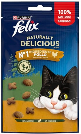 FELIX Naturally Delicious Snack per Gatti Adulti con Pollo ed Erba Gatta 8 Confezioni da 50g