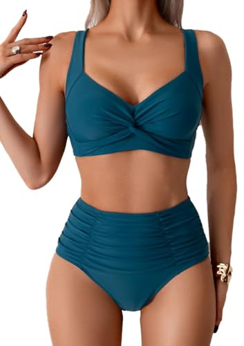 Mrkeung Bikini för kvinnor 2 delar bikiniset solid push-up vadderad bikini hög midja bikini för kvinnor, Grön, L