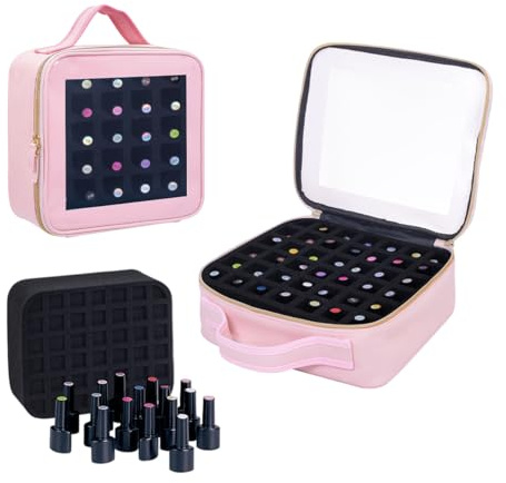 YAHOURWAT Förvaringslåda för nagellack rymmer 42 flaskor (15 ml/0,51 flytande) PU-läder bärbar sminkväska med avtagbar skiljevägg, Rosa