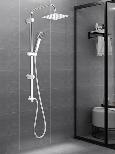 CROWNSHOP Shower Set Shower Riser Rail Shower Mixer with Twin Heads Adjustable Overhead Rainfall Bathroom Shower Mixer Shower Head Handheld Shower Hose and Riser Rail Kit (Square)