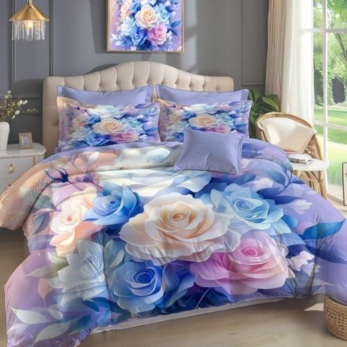 MULERN Colorful Rose Duvet Cover King Size 3 Pieces, Fantasy Flowers Duvet Cover With 2 Pillow Shams, Soft Microfiber Bedding Set For All Season, Breathable, Zipper Closure