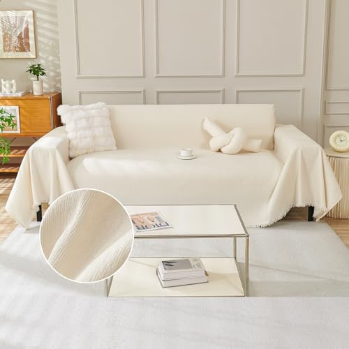 TAOTAOGO Sofa Überwurfdecke für 1/2 Sitzer, L-förmige Ecksofas, Einfarbige Chenille Kratzfest Sofaüberzug, Waschbar Sofaüberwurf, haustierfreundlich Couchüberzug mit Quasten F Beige 180x260cm