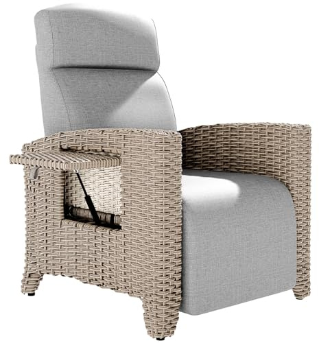 ONKBOITE Relaxliege Liegesessel, Ergonomische Relaxliege Rattansessel, Verstellbare Rückenlehne, mit Dickem Kissen, Geeignet für Drinnen, Balkon, Garten, Innenhof(Braune Rattankanten + Graues Kissen)