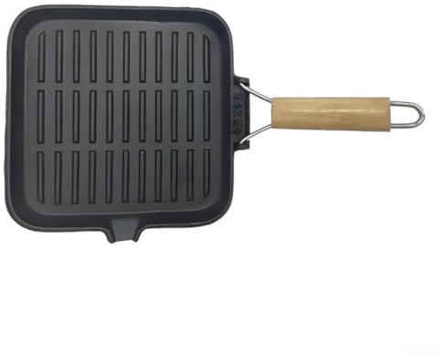 Entgoinggo Sartén de hierro fundido a rayas con mango de madera para cocinar filetes, sartén plegable para camping, cocina, parrilla cuadrada de 9.45 pulgadas