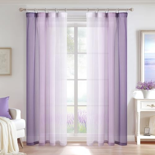 DWCN Lila vit färggradient voile gardiner med veckband H 225 x B 140 cm (2-pack) barnrum gardiner med skensystem transparent sheer gardin för vardagsrum sovrum flickor