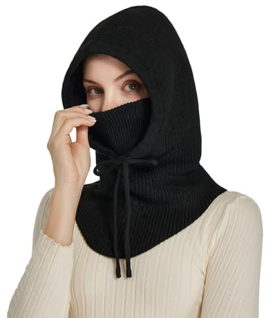 Facecozy Sturmhaube aus Strick für Damen Herren Wintermütze mit Gesichtsmaske Atmungsabweisende Ski-Maske Halstuch Mütze Damen Winter (Schwarz)