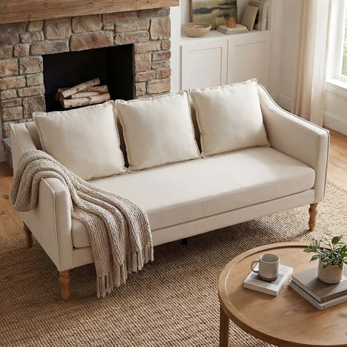 DM Furniture Farmhouse Couch for Living Room Country Rustic Loveseat with Antique Wood Legs for Bedroom 63 Long Sofa with One Piece Complete Cushion Seat for Apartment Dorm Loft, Cream White