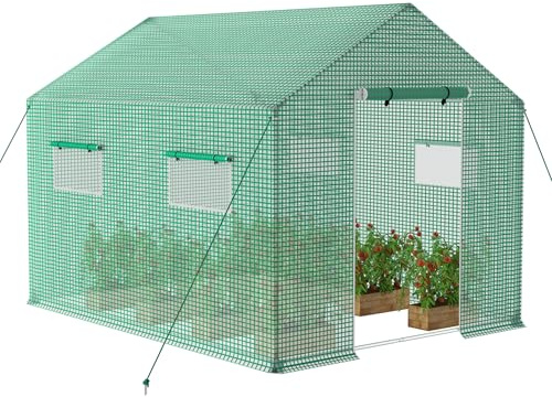 LZQ Växthus 6 ㎡ vintersäkert, tomathus med galvaniserad rörram, UV-resistent film, rulldörr och fönster med insektsskydd, frostskydd folietunnel för grönsaker, blommor, örter och växter