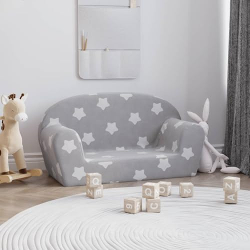 Sofá infantil de 2 plazas, gris claro con estrellas, felpa, 84 x 34 x 45 cm, muebles para habitación infantil, acolchado suave, funda extraíble, seguro, cómodo para jugar y relajarse