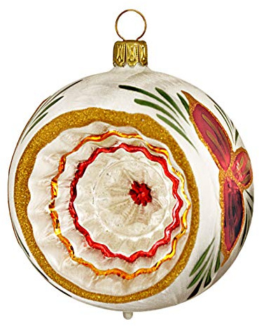Jingle Bells Lauscha Christbaumkugel 8cm Reflex Christstern, mundgeblasene und von Hand dekorierte Weihnachtsbaumkugel, eislack weiß mit buntem Dekor, Glas, Kugel, Weihnachten