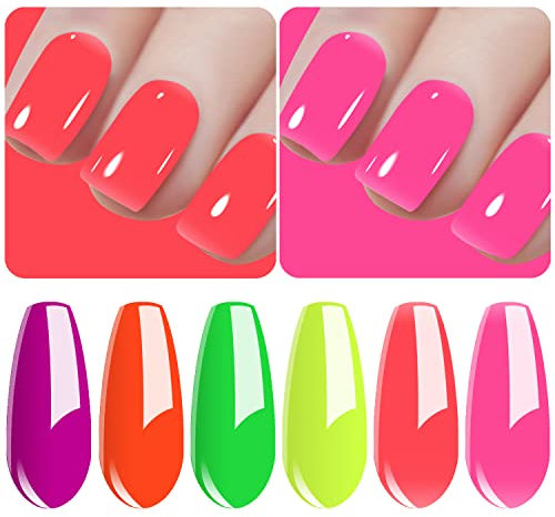 Vishine Vernis Gel Semi Permanent - Vernis à Ongles Gel UV LED Gel Polish Soak Off Nail Art Lot de 6 Couleurs Néon Jaune Orange Rose Vert Cadeau coffret