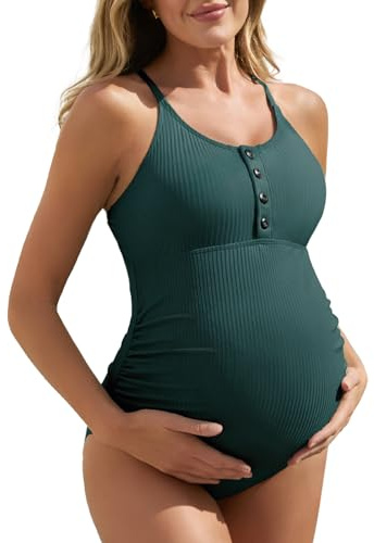 Summer Mae Maternity Swimsuit One Piece Bathing Suit Button Neck Cross Back Green L