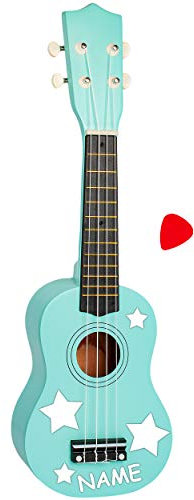 alles-meine.de GmbH Ukulele - aus Holz - Motiv & Farbwahl - türkis blau & Sterne weiß - inkl. Name - 55 cm / 21 inch - Klassik - akustische - Kinder & Erwachsene - mit Plektrum -..