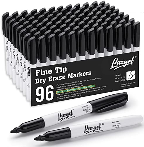 LAZGOL Dry Erase Markers Bulk, 96 Pack Fine Point Tip Black Dry Erase Markers, Low Odor Whiteboard Markers for Back to School, Office, Home, Work On White board & Calendar, Refrigerator.