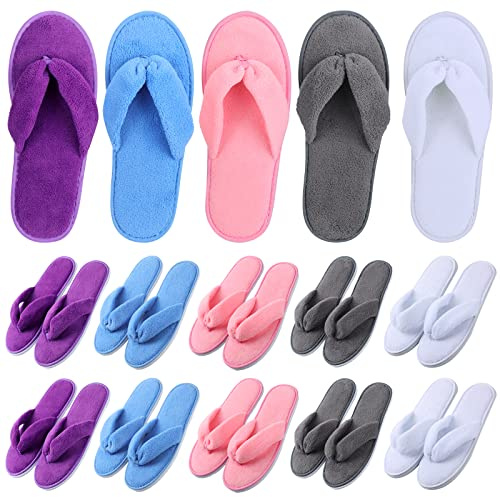 Unittype 10 Pairs Spa Slippers Flip Flops Thong Sandal Slippers Soft Coral Fleece for House Guest Hotel(Blue, White, Gray, Purple, Pink)