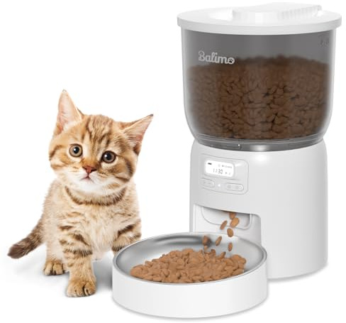 Balimo Distributore Automatico Cibo Gatti 3L, Dispenser Crocchette Gatto con Timer Programmabile, Mangiatoia Automatica Gatti con Ciotola in Acciaio Inox 304, 6 Pasti al Giorno, Bianco