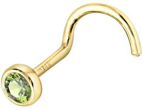 Solid 14K Yellow Gold Nose Screw Stud Bezel Set 3mm Peridot 22G Cork-screw Nose Stud - August Birthstone Nose Ring Stud NSBZ-PD30YG