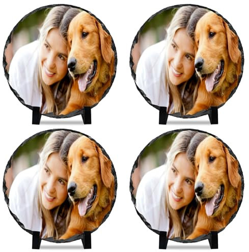 Kufutee Personalisierter Foto-Gedenkstein mit Präsentationsständer, Gedenk-Bilderrahmen für Geburt (rund, 15 cm), 4 Stück