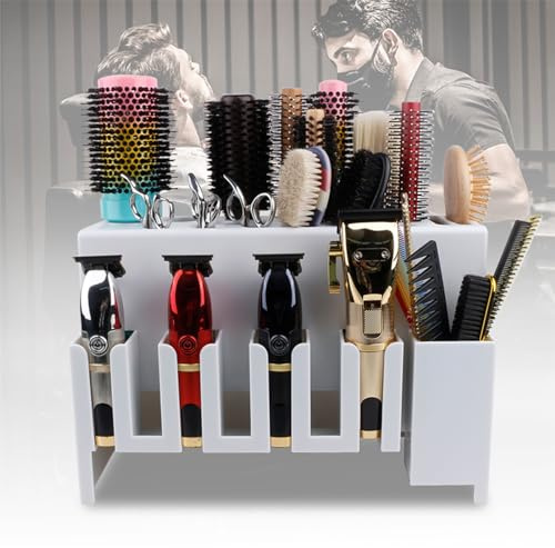 CestoMen Hair Clipper Holder for Barbers, 13.38 x 8.85 x 6.14 Professional Wall-Mounted Salon Plastic Hair Cutting Tools Holder for Hair Clipper Combs Brush Clips Barber Accessories Organizer (White)