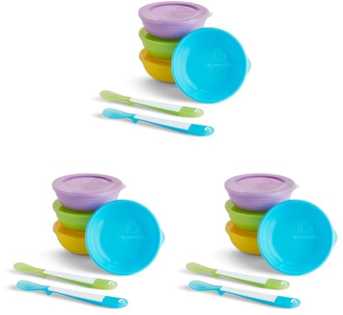 Munchkin Love A Bowls Toddler & Baby Bowls with Lids, Bright Plastic Baby Feeding Bowls & Food Storage Containers, Dishwasher Safe Toddler Bowls, Baby Weaning Bowls & Spoons - 12 Pack (Multi Colour)
