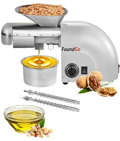 FoundGo 1800W Oil Press Machine, Machine Oil 0-300°C Control Temperature Electric Oil Mill Cold/Hot Automatic Oil Extraction Stainless Steel for Sesames Walnuts Peanuts and Other Seeds,Silver