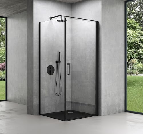 Mai & Mai Duschkabine Eckeinstieg Schwarz 90x90x195 cm mit Hebe-Senk-Mechanismus 8mm ESG-Sicherheitsglas Nano-Beschichtung Klarglas Rav36-Plus