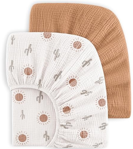bearmoss Lot de 2 draps-Housses en Mousseline de Coton pour Enfant 60 x 120 cm / 70 x 140 cm 100% Coton pour lit de Voyage, lit d'appoint (Soleil Brun, 70x140cm)