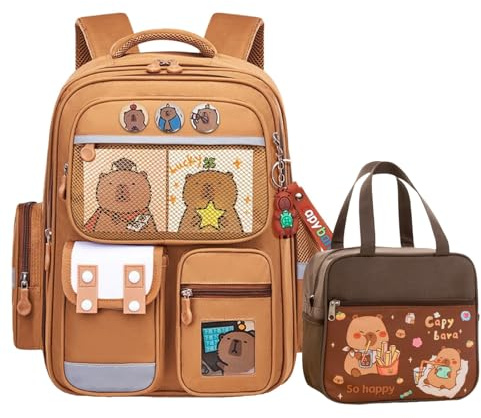JIABAOZ Mochilas Capibara, Mochila Capibara Niña, Mochila Capibara Escolar Grande Conjunto con Bolsa de Almuerzo,Set de Regalos para el Nuevo Semestre para Escuela (Brown)