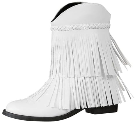 Generiska cowboystövlar dam korta ankelstövlar dam med klack, stövlar eleganta fransstövlar vintage ridstövlar med blockklack cowboy stövlar vinterstövlar PU läderstövlar övergångsstövlar, Vit, 38 EU
