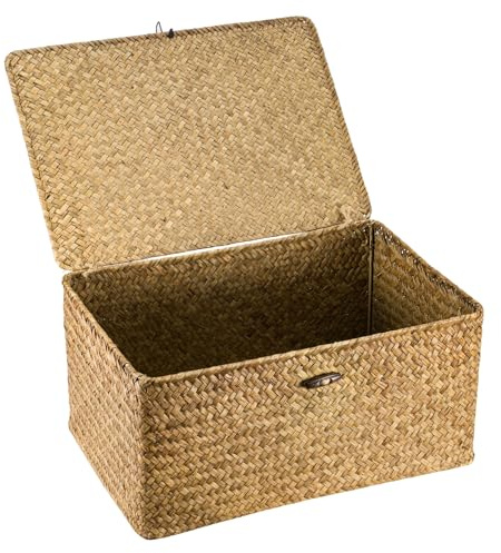 SUNNYNEST Storage Boxes with Lids 40x28x19cm Seagrass Storage Basket with Lid Woven Wicker Desktop Basket Gift Hamper for Living Room Decorative Bathroom (Brown)