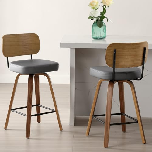 Bekrvio Juego de 2 taburetes de bar giratorios con respaldo de madera curvada y patas de madera maciza, silla giratoria de 65 cm de altura, silla giratoria de 360°, silla de cocina, soporta hasta 150