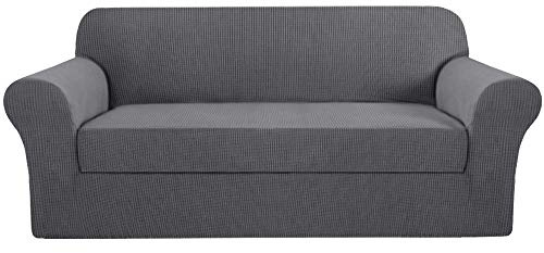 H.VERSAILTEX 2 Pieces Sofa Cover High Stretch Sofa Slipcover Stylish Furniture Cover/Protector Suit for T Cushion/Box Cushion Soft with Elastic Bottom for Kids - Sofa 72-88 - Charcoal Gray
