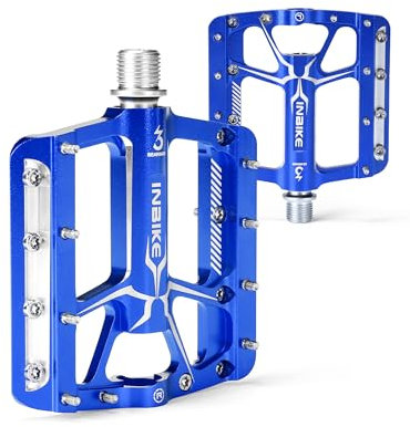 INBIKE Pedale Bleu VTT Velo BMX en Alliage Aluminium 9/16 Pédale Plate Forme Solide Anti-Dérapant avec Crampom（Bleu）