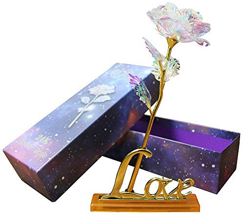 Youngine Colorido Rosa Flores Artificiales Hoja de Oro Rosa de 24 Quilates Regalos de Full Blossom para el Día de la Madre | Dia de San Valentin | Cumpleaños | Boda, con Caja y Base