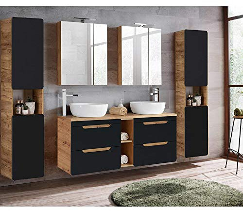 Lomadox Komplett Badmöbel Set mit 140 cm Waschtisch inkl. 2 Keramik-Waschbecken, Wotan Eiche Nb. & seidenmatt anthrazit, inkl. LED-Spiegelschrank & 2 Hochschränke